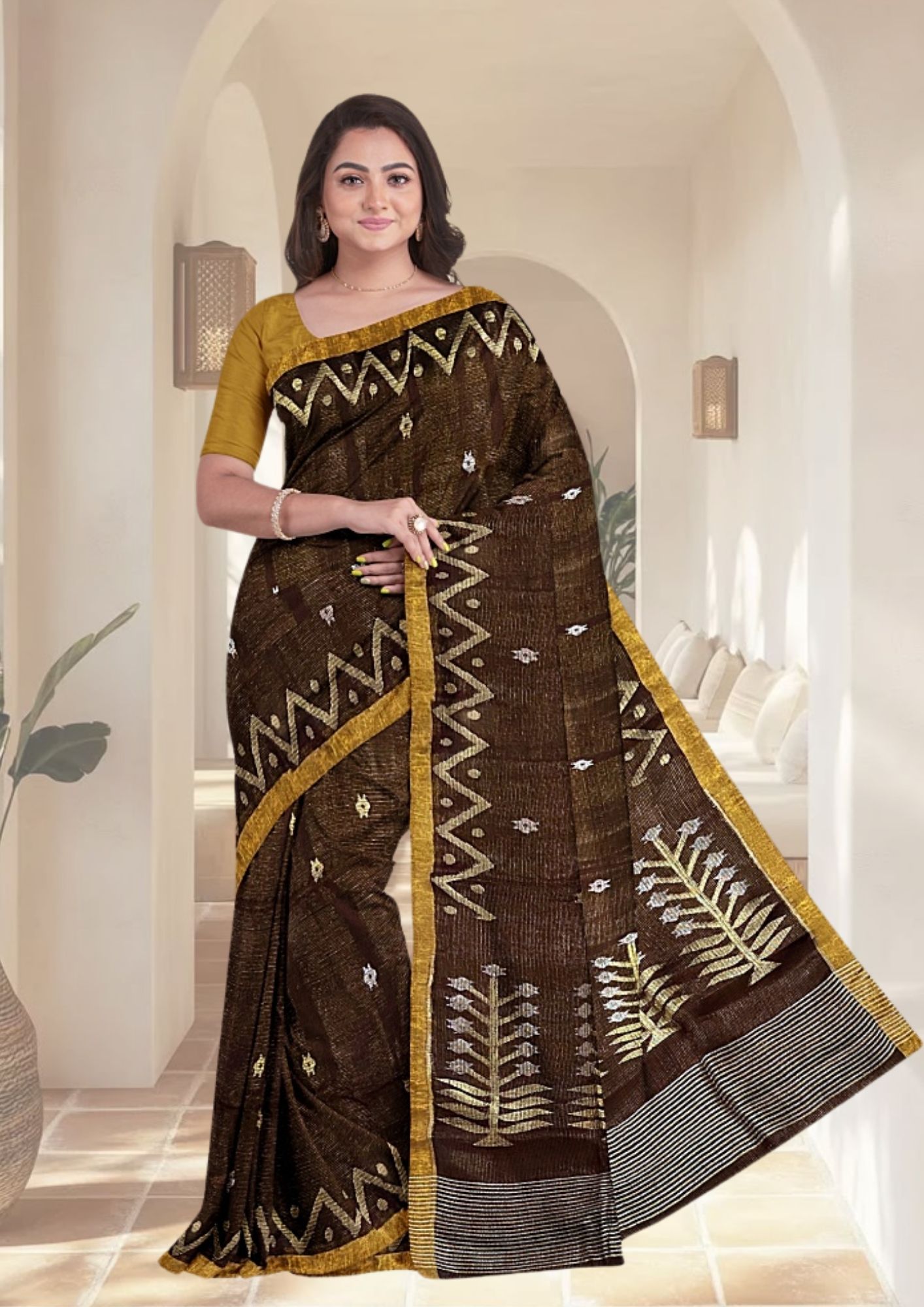 Coffee Metallic Mashup Linen Saree with Jamdani Weave: Rustic Charm Meets Urban Glam