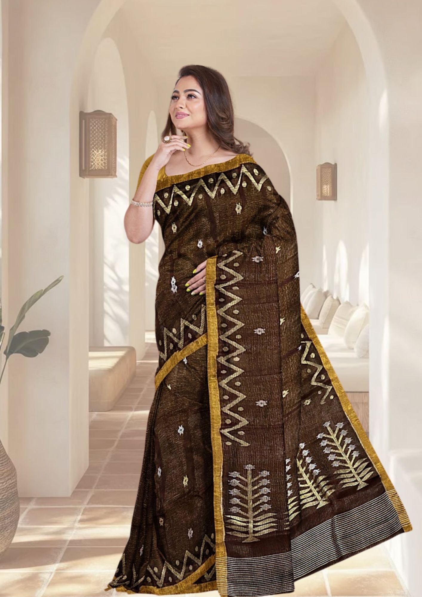 Coffee Metallic Mashup Linen Saree with Jamdani Weave: Rustic Charm Meets Urban Glam
