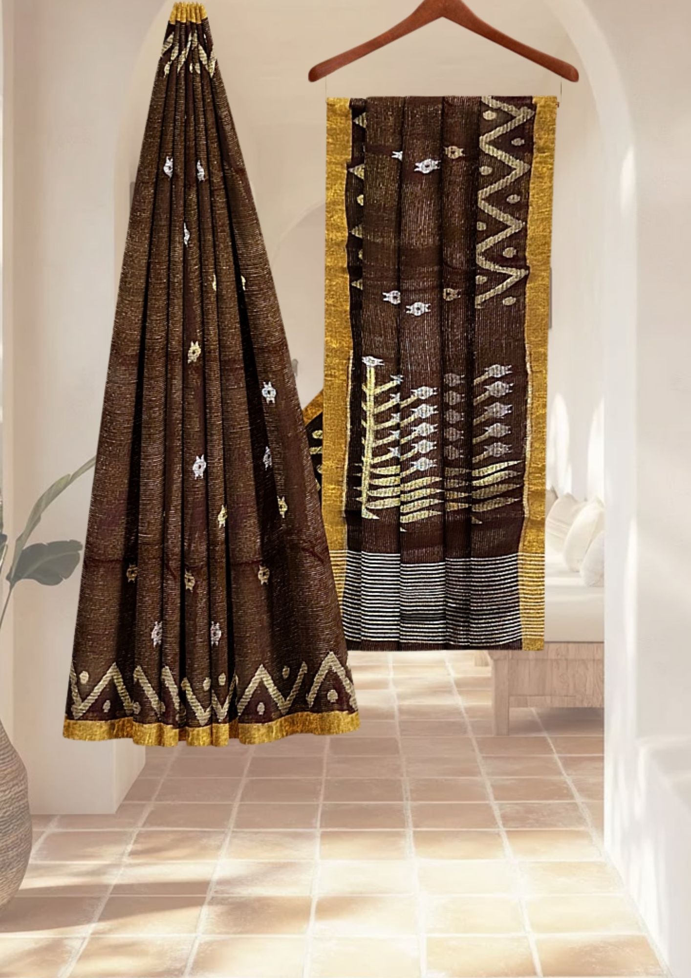 Coffee Metallic Mashup Linen Saree with Jamdani Weave: Rustic Charm Meets Urban Glam