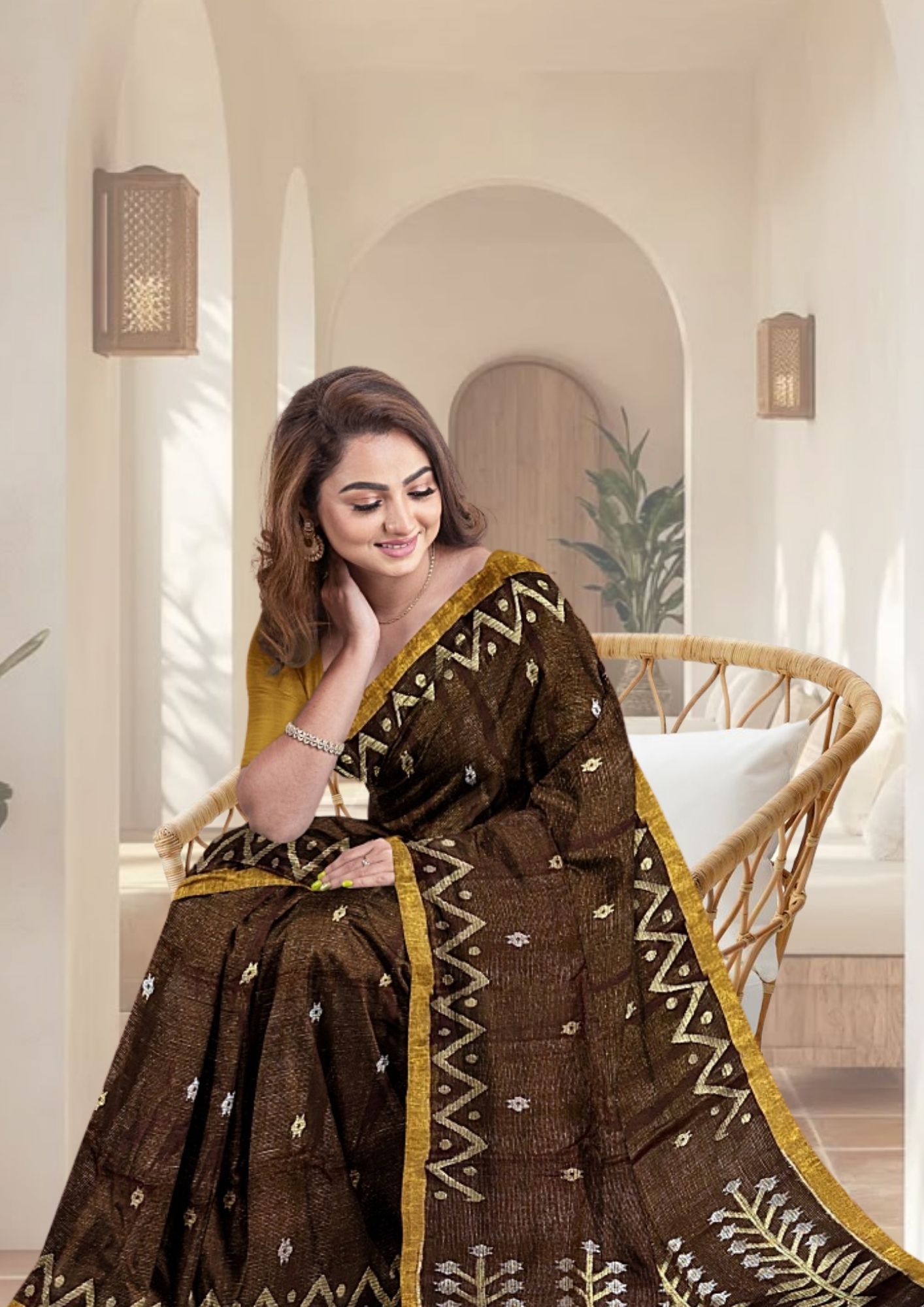 Coffee Metallic Mashup Linen Saree with Jamdani Weave: Rustic Charm Meets Urban Glam