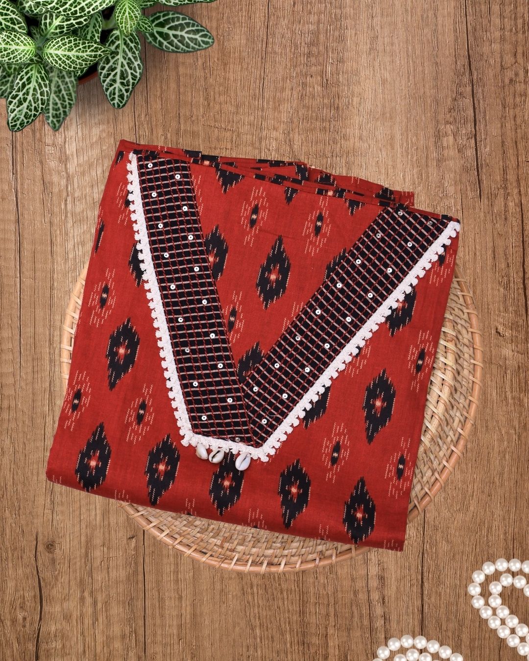 Red with Black South Cotton Suit Set