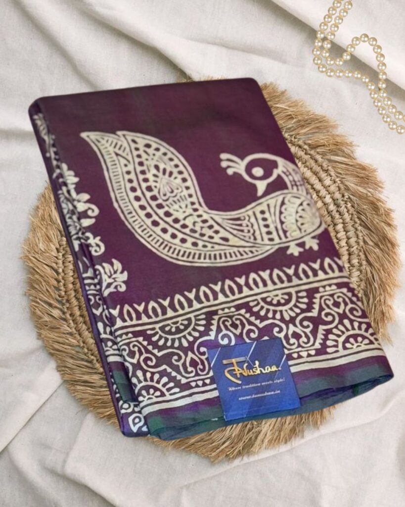 Purple Majesty: Bishnupuri Katan Silk Handblock Saree