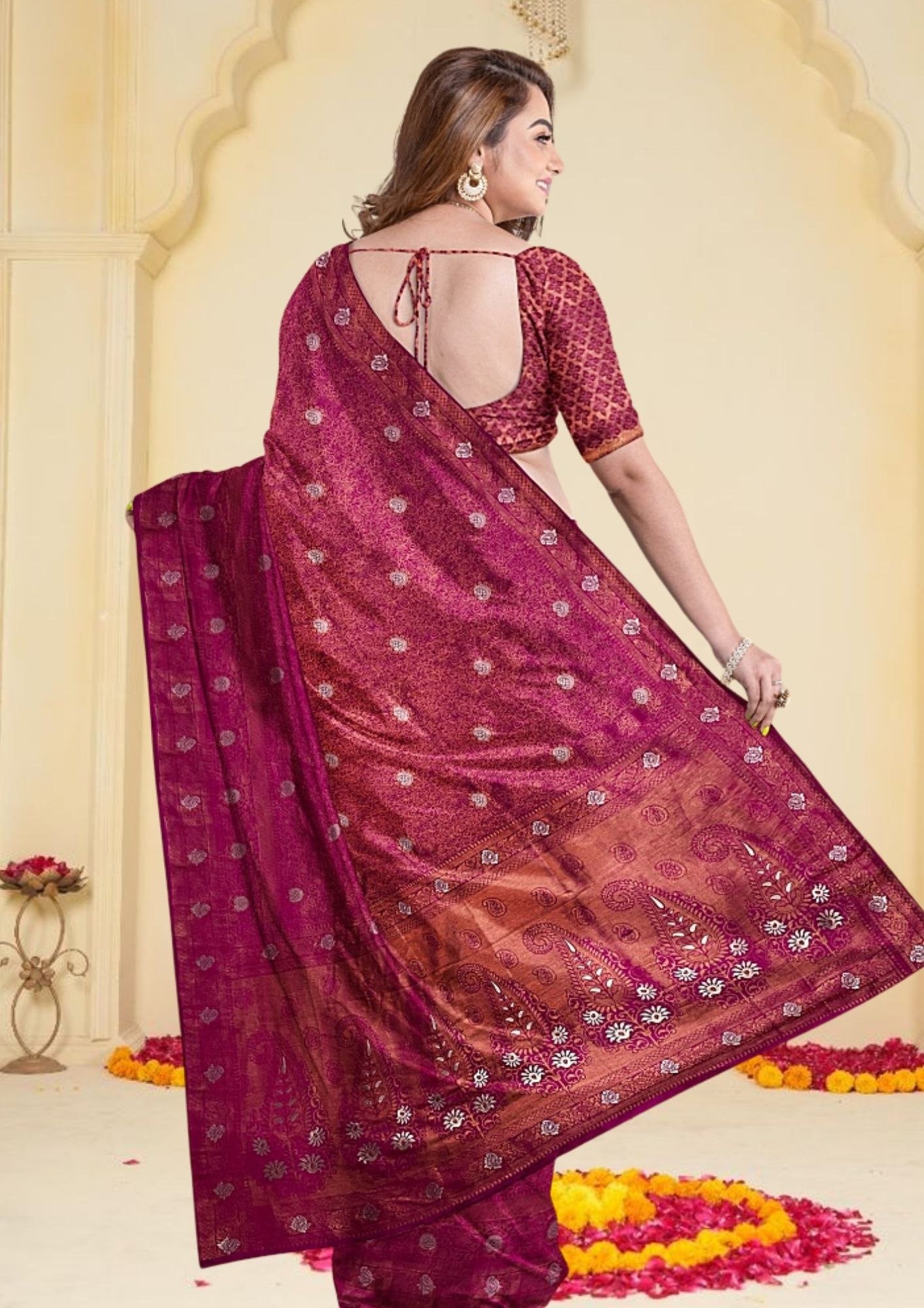 Magenta & Gold Banarasi Saree with Zari Buti - Image 4