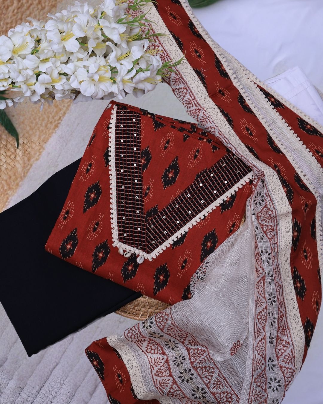 Red with Black South Cotton Suit Set