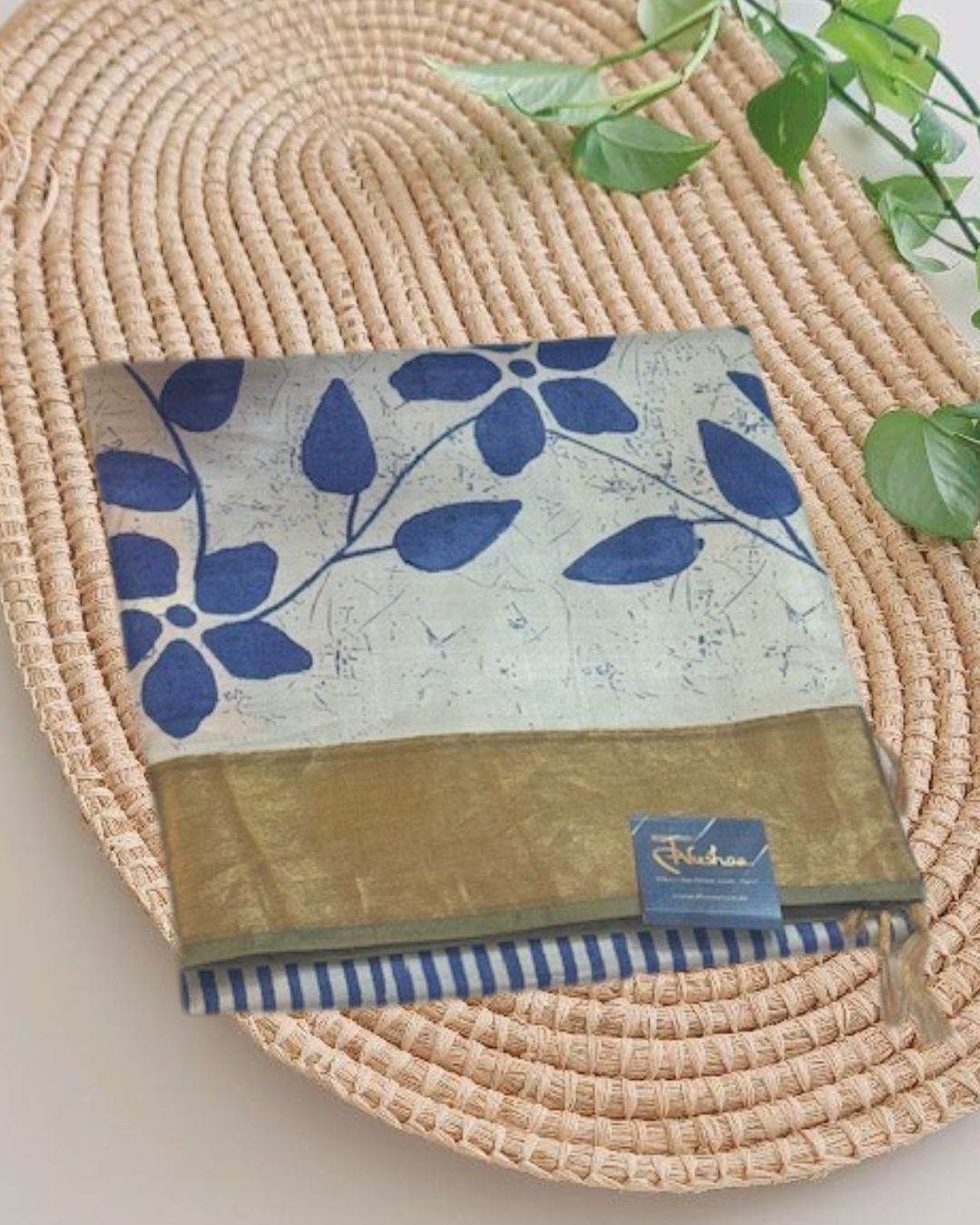 Blue Bloom: Tussar Jori Handblock Saree