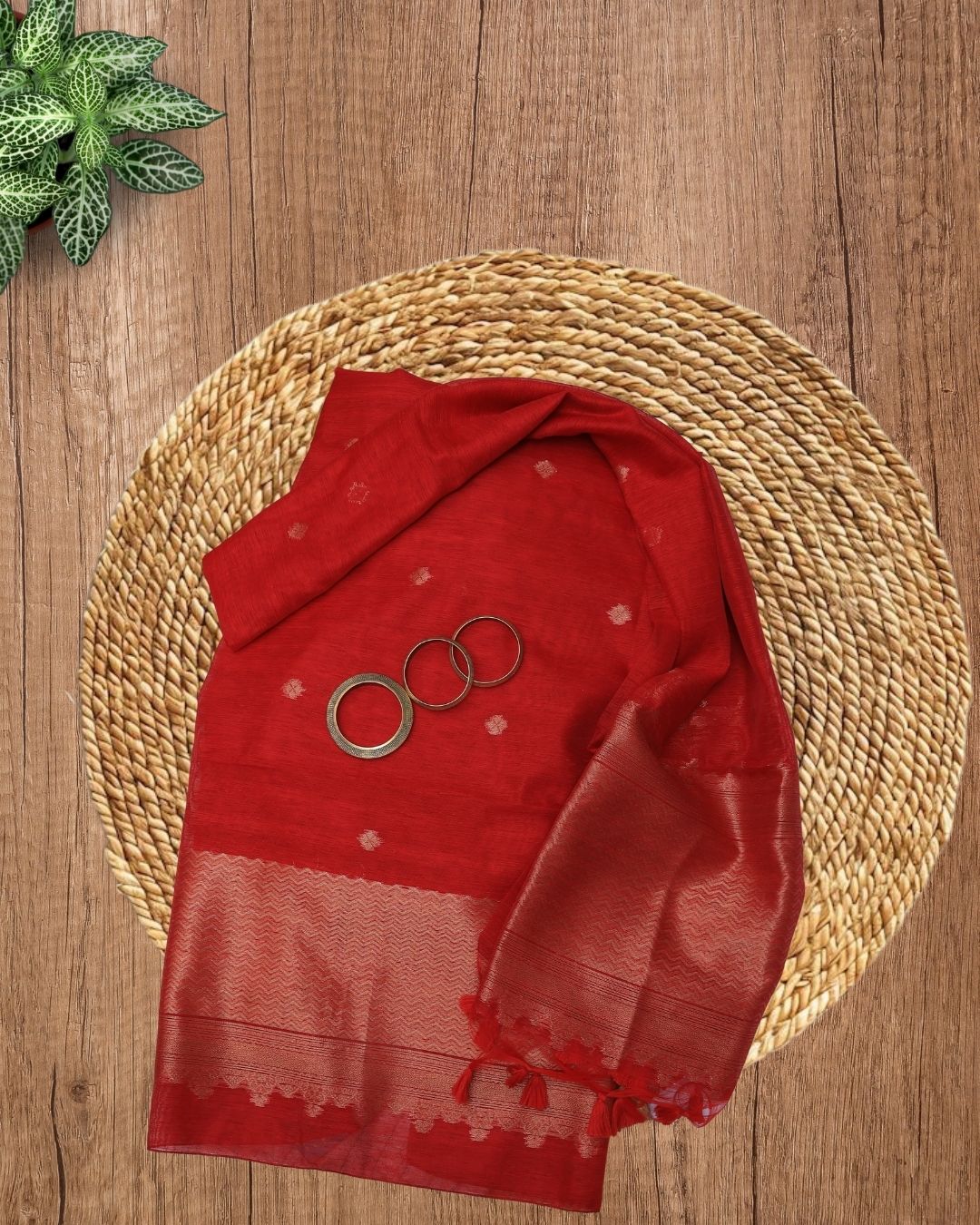 Red Jamdani Zari Weave Suit