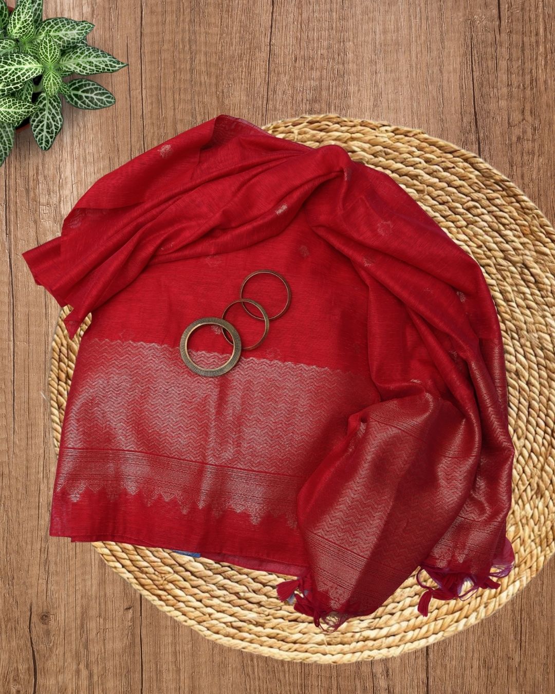 Red Jamdani Zari Weave Suit