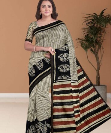 The Classic Stripe: Black & White Printed Chanderi Cotton Silk Saree