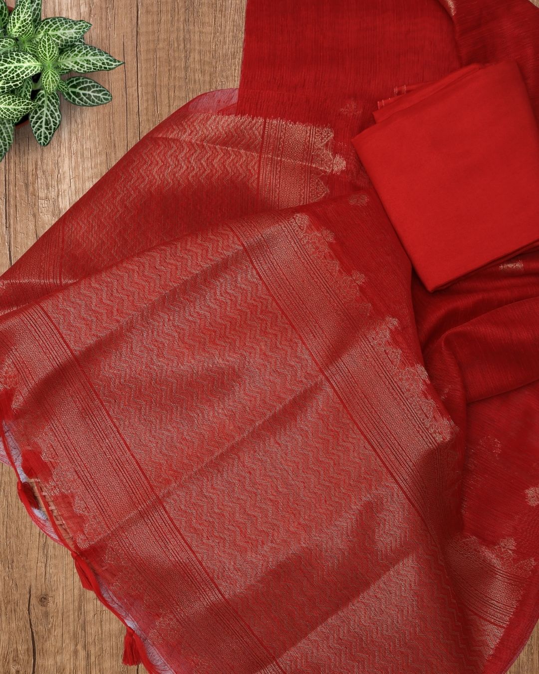 Red Jamdani Zari Weave Suit