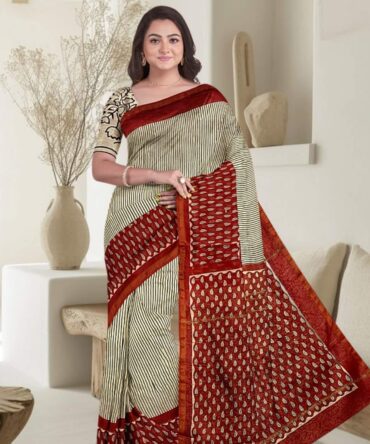 Red & White Printed Chanderi Cotton Silk Saree: A Playful Twist on Timeless Elegance