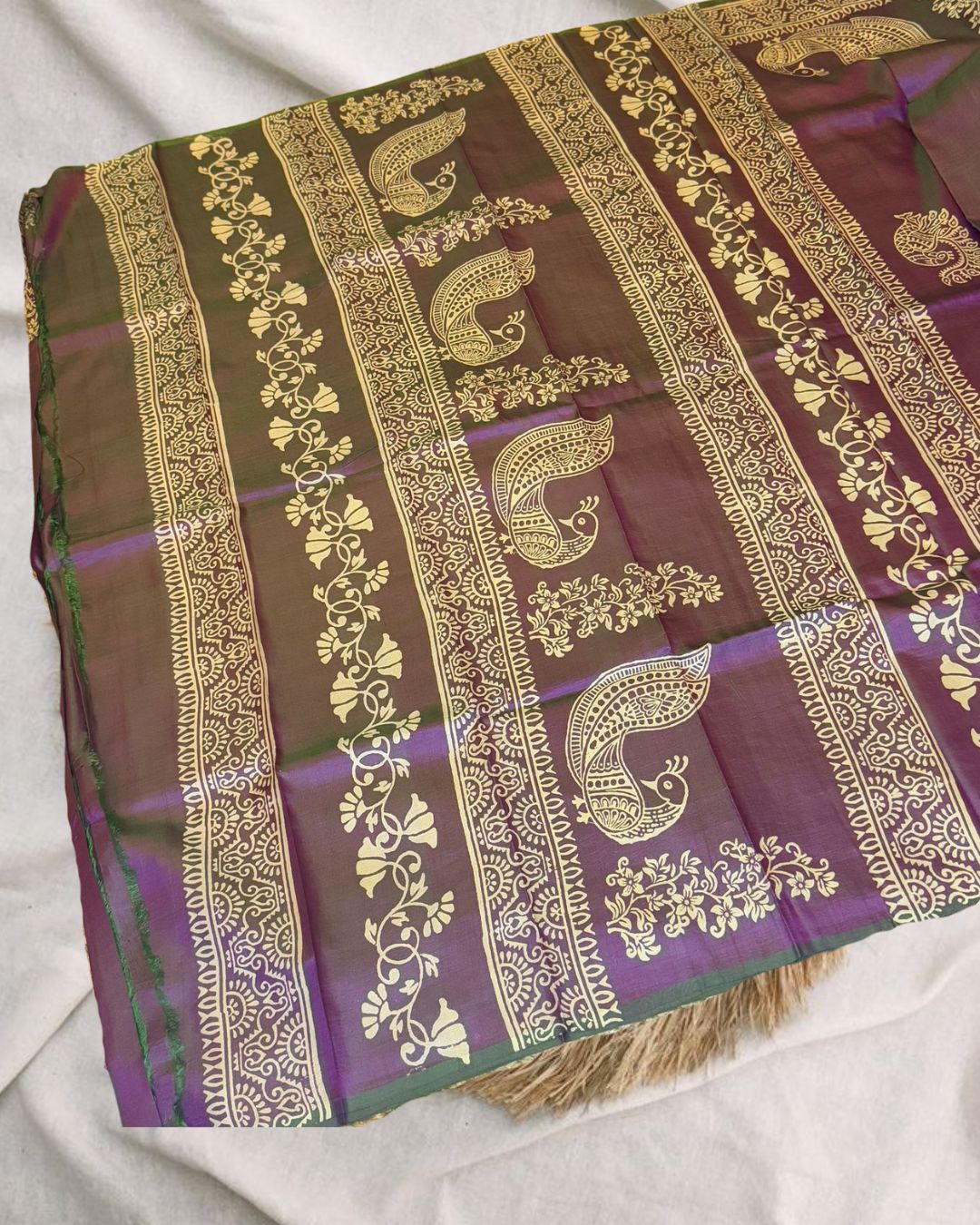 Purple Majesty: Bishnupuri Katan Silk Handblock Saree