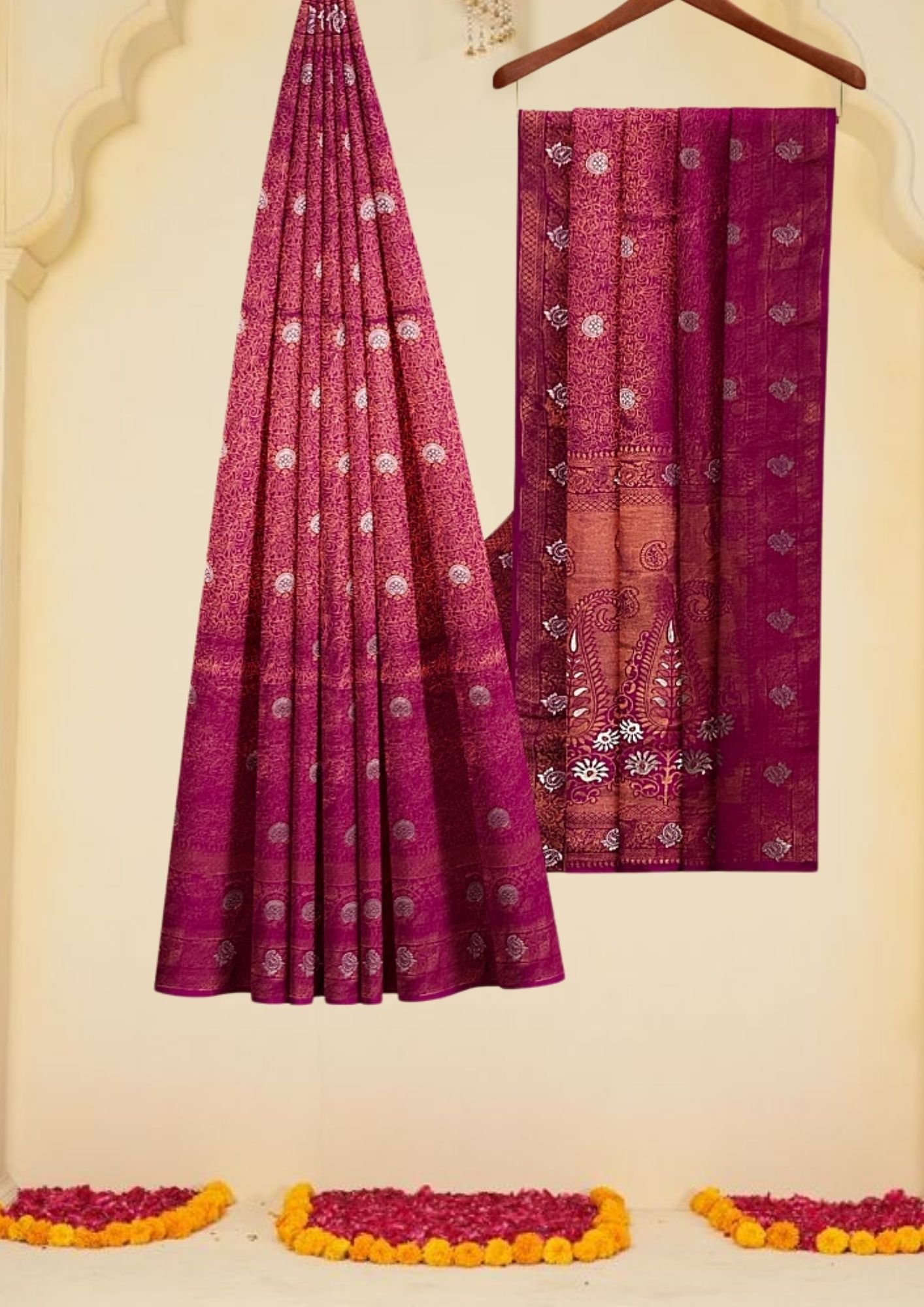 Magenta & Gold Banarasi Saree with Zari Buti: A Celebration of Opulence