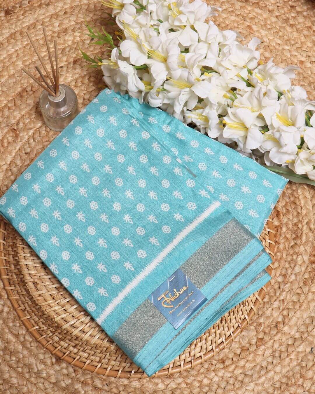 Sea Green Dola Silk Block Printed Saree