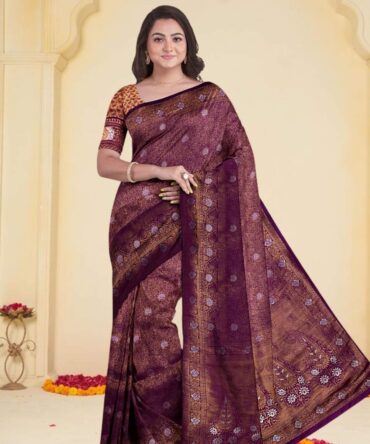 A Timeless Drape of Elegance: Wine Banarasi Saree with Zari Buti