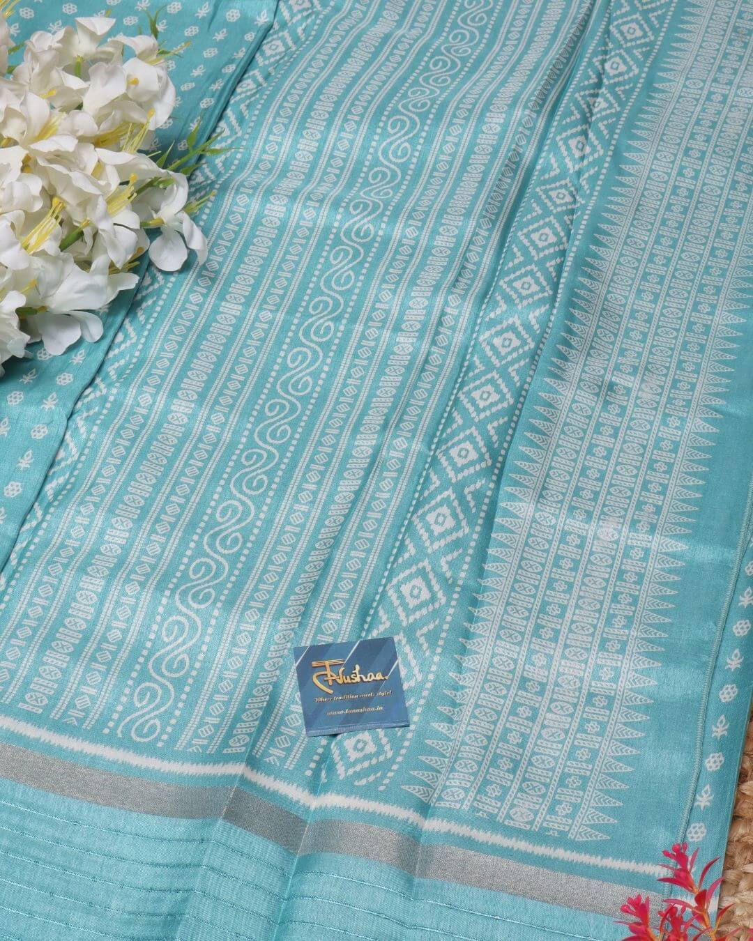 Sea Green Dola Silk Block Printed Saree