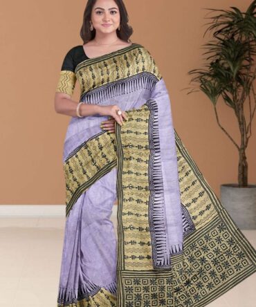 Lavender & Black Handwoven Katha Bengal Cotton Saree: A Symphony of Contrast and Craftsmanship