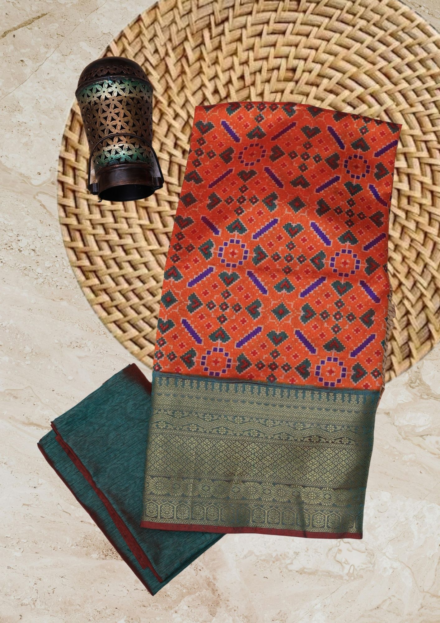 Festive Orange & Emerald Green Patola Silk Ensemble