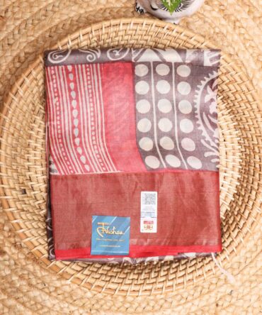 Handpainted Gachi Tussar Saree in Fiery Red & Earthy Mud