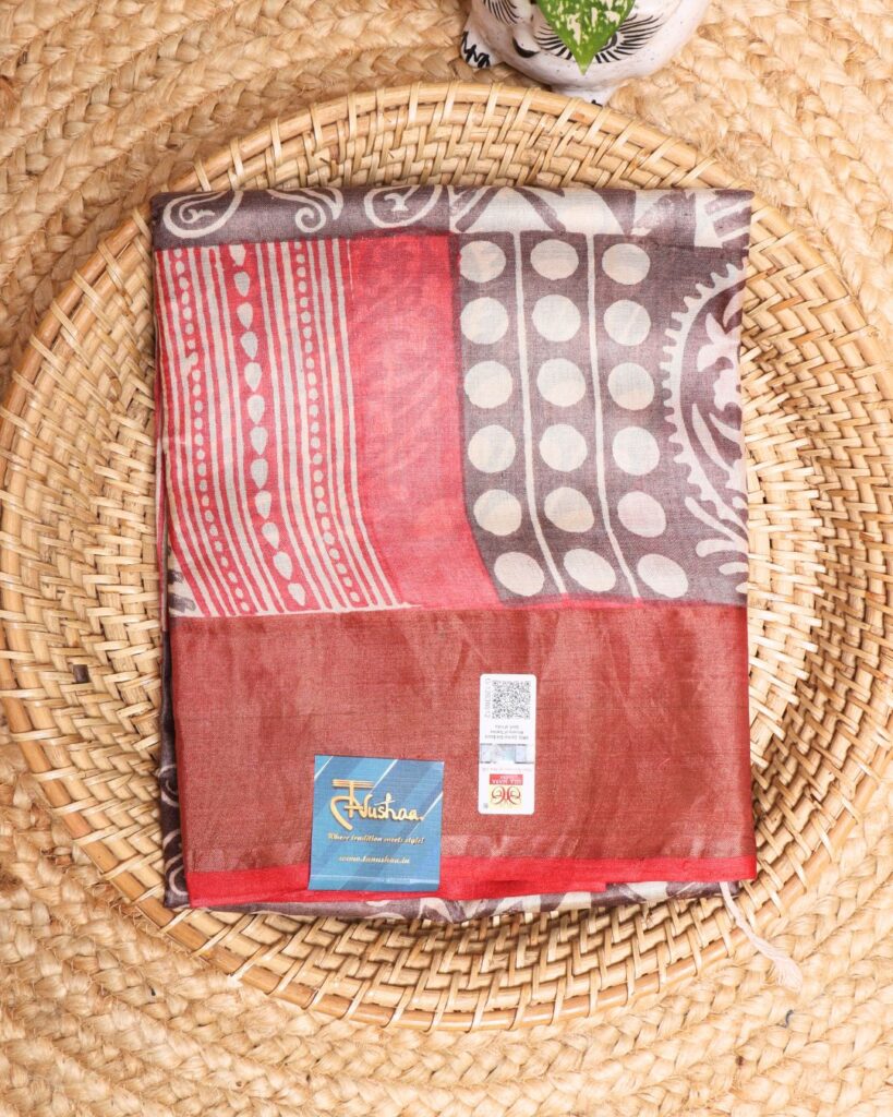 Handpainted Gachi Tussar Saree in Fiery Red & Earthy Mud