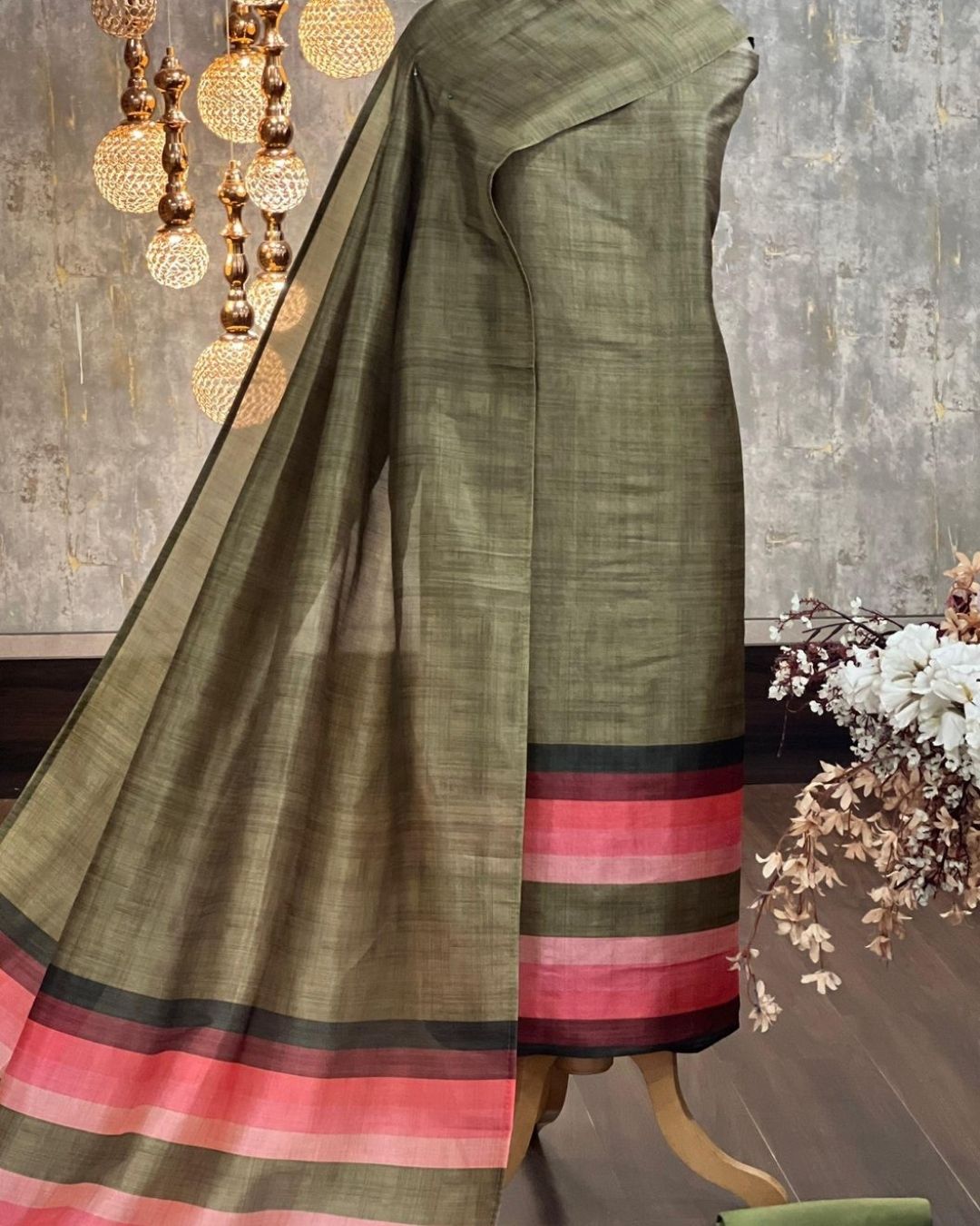 Olive Green Semi-Tussar Digital Printed Saree