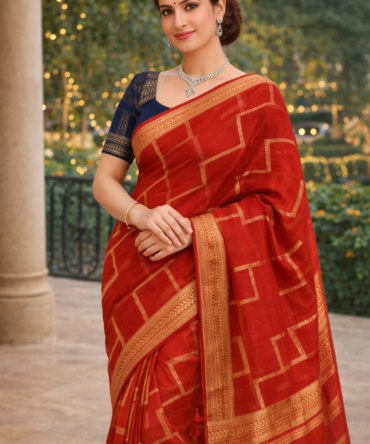 Red Crepe Saree with Blue Blouse