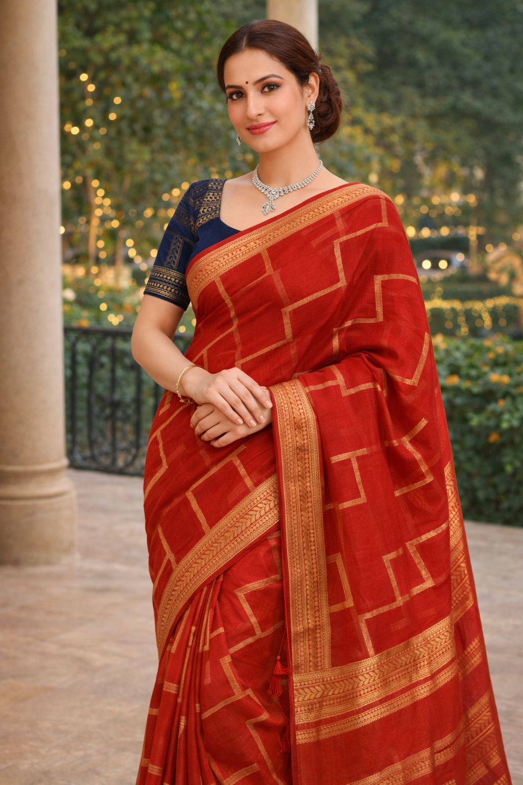 Red Crepe Saree with Blue Blouse