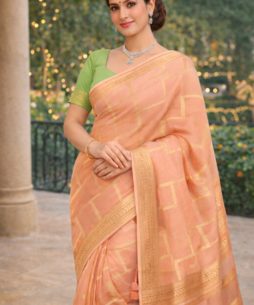 Peach Crepe Saree with Green Blouse