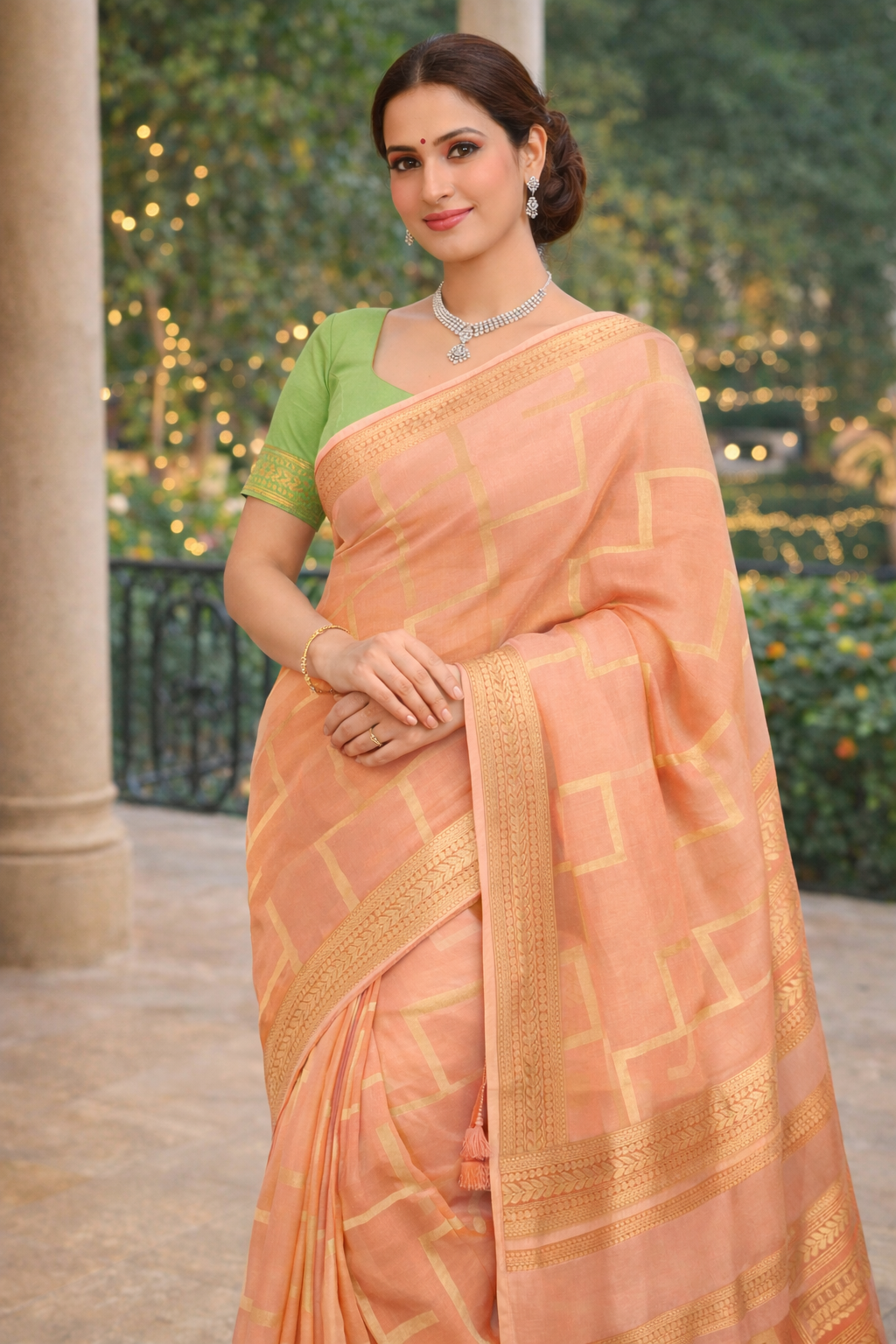 Peach Crepe Saree with Green Blouse