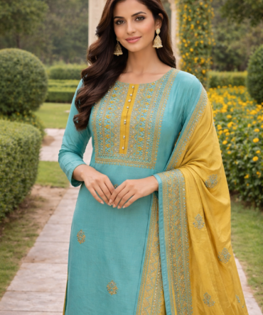 Sea Green & Yellow Cotton Silk Suit Set