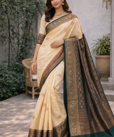 Cream & Green Kanjeevaram Saree: The Elegance of Tradition