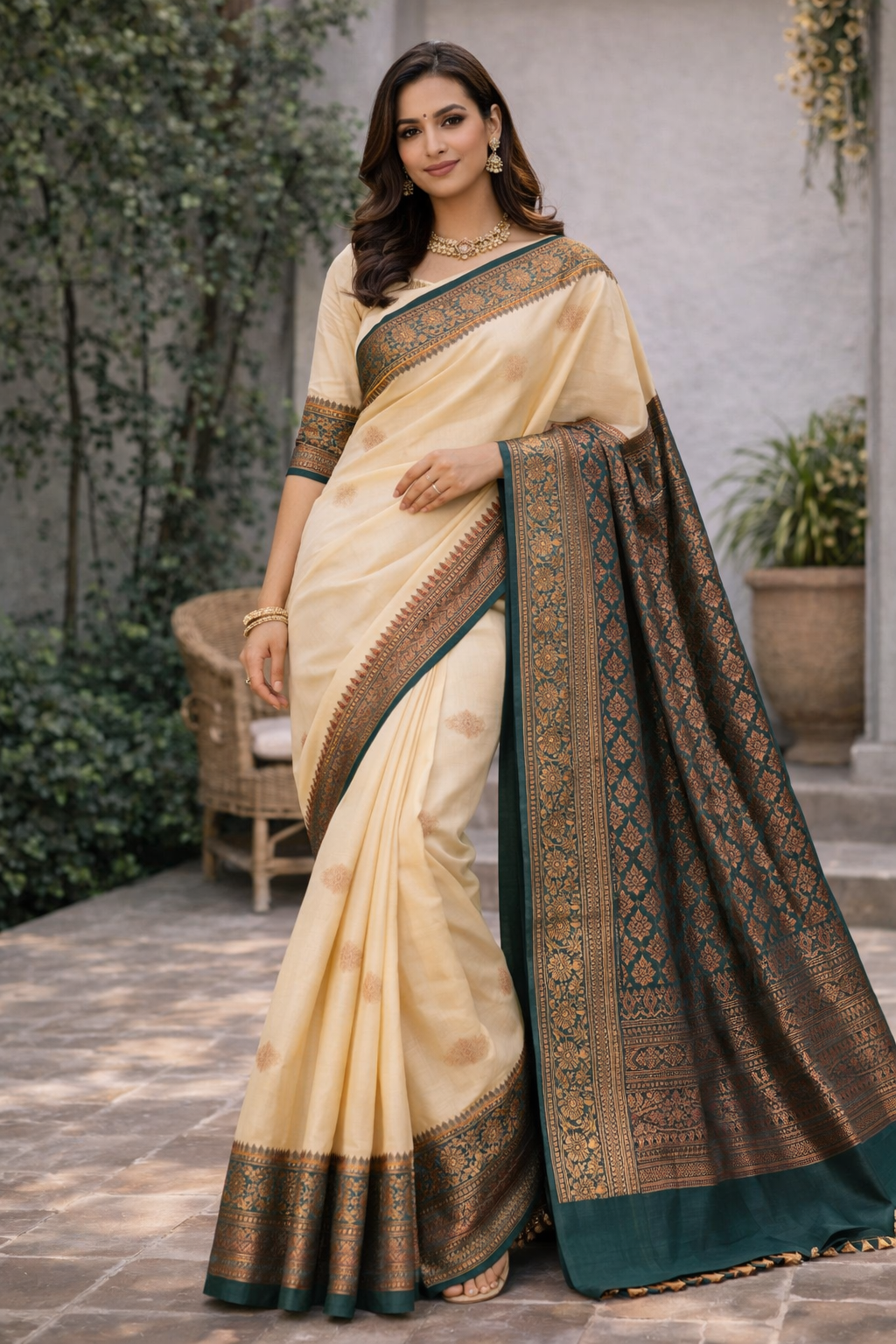 Cream & Green Kanjeevaram Saree: The Elegance of Tradition