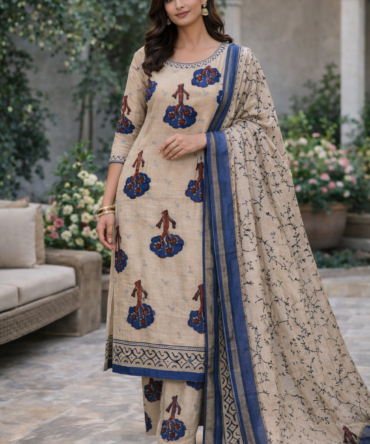 Cream and Blue Chanderi Suit Set