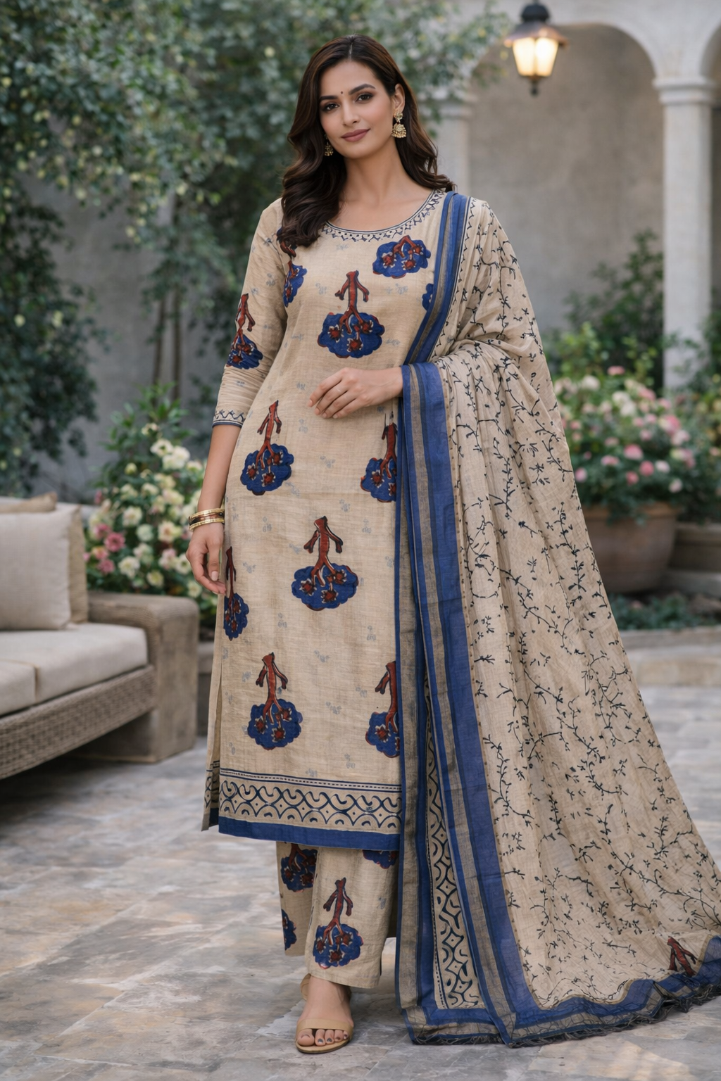 Cream and Blue Chanderi Suit Set