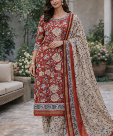 Red and White Chanderi Suit Set