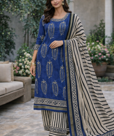 Blue and White Chanderi Suit Set