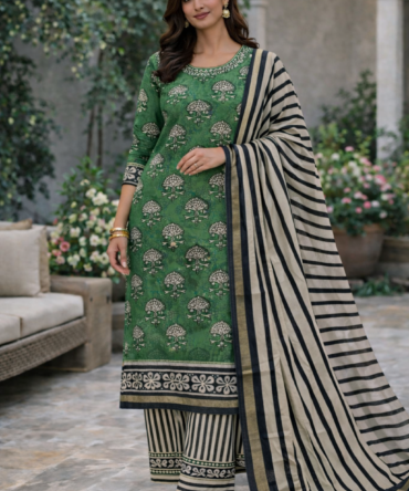 Green and Off-White Chanderi Suit Set