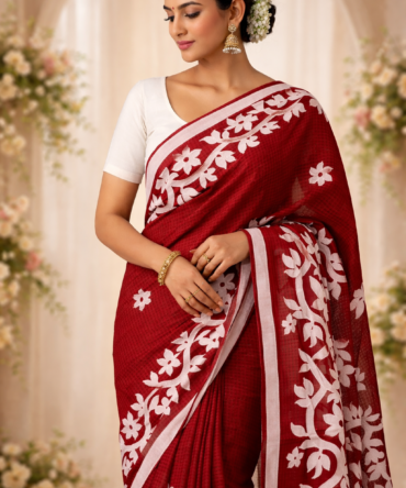 Red & White Appliqué Kota Cotton Saree