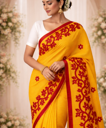 Red & White Appliqué Kota Cotton Saree