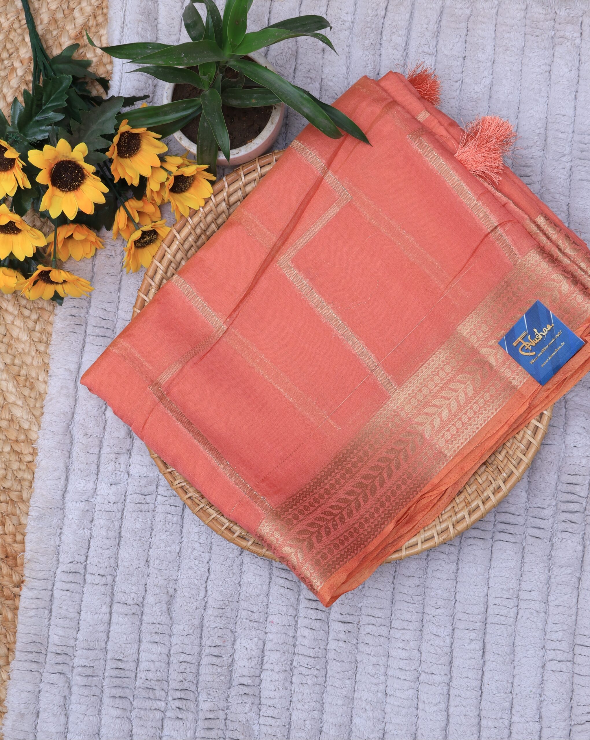 Peach Crepe Saree with Green Blouse - Image 3