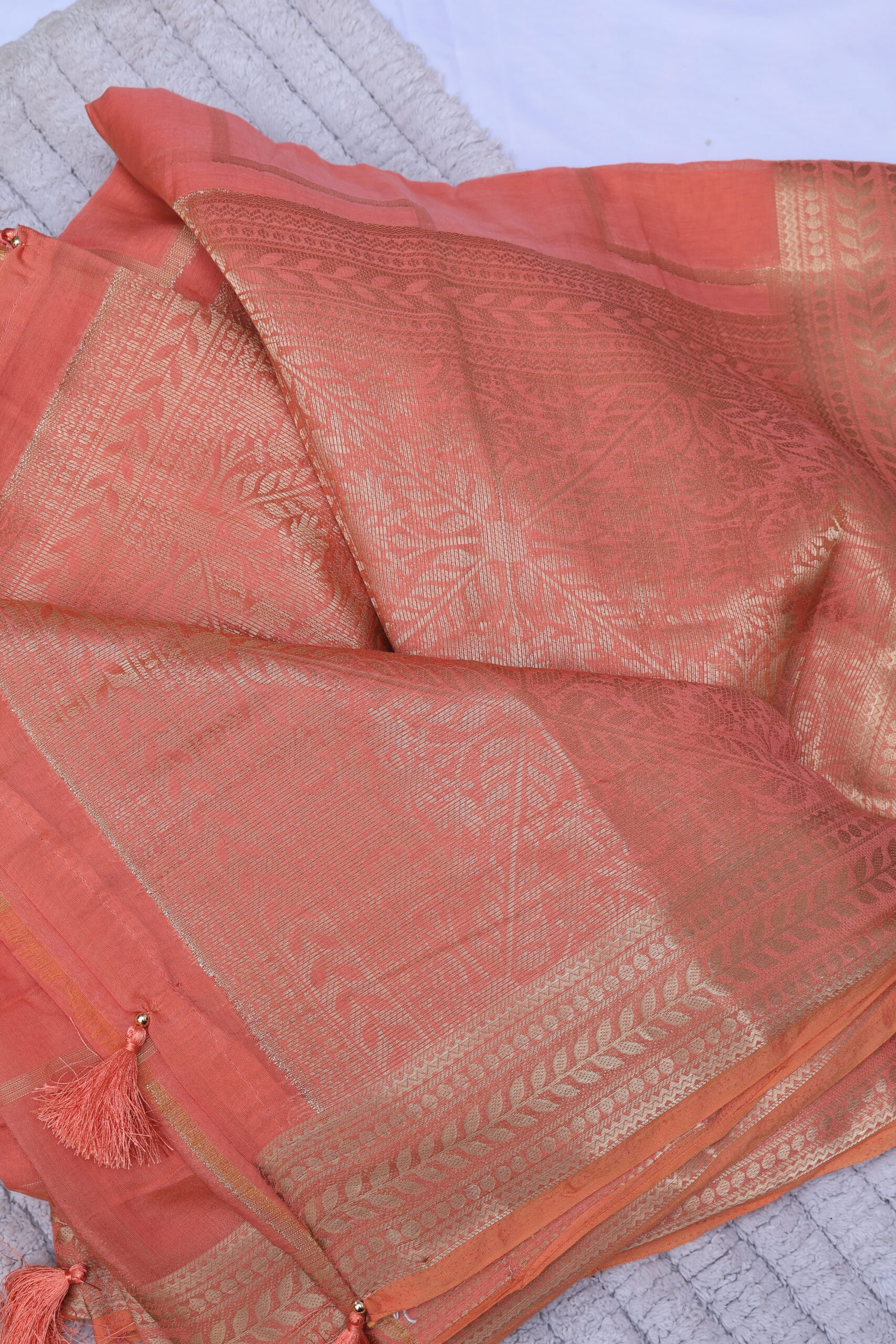 Peach Crepe Saree with Green Blouse - Image 5