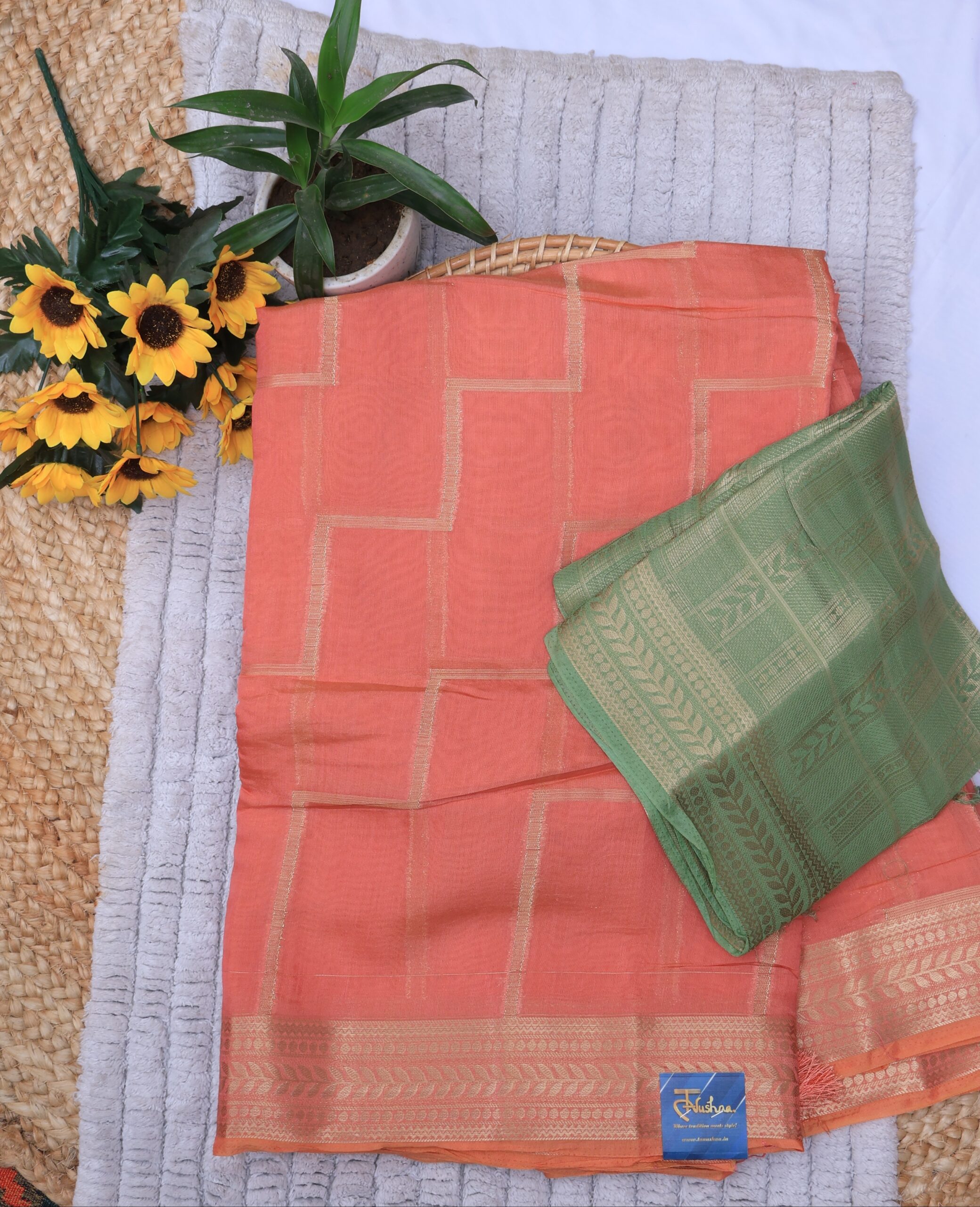 Peach Crepe Saree with Green Blouse - Image 2