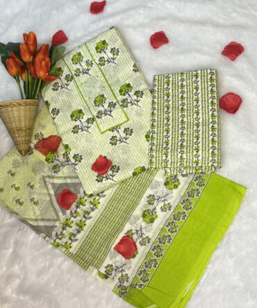 White with Green Cotton Suit Set