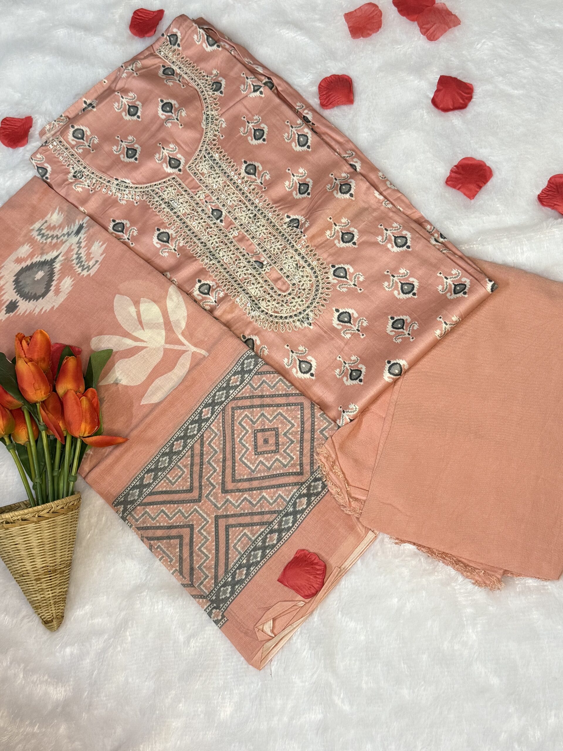 Peach Cotton Elegant Printed Suit Set