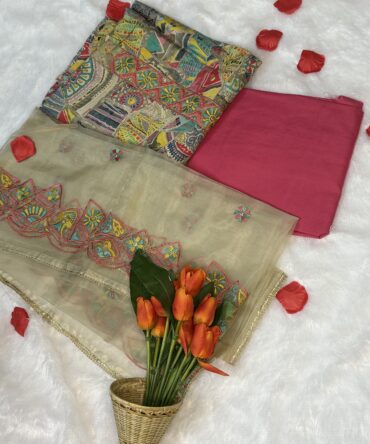 Multicolour Muslin Suit with Organza Dupatta