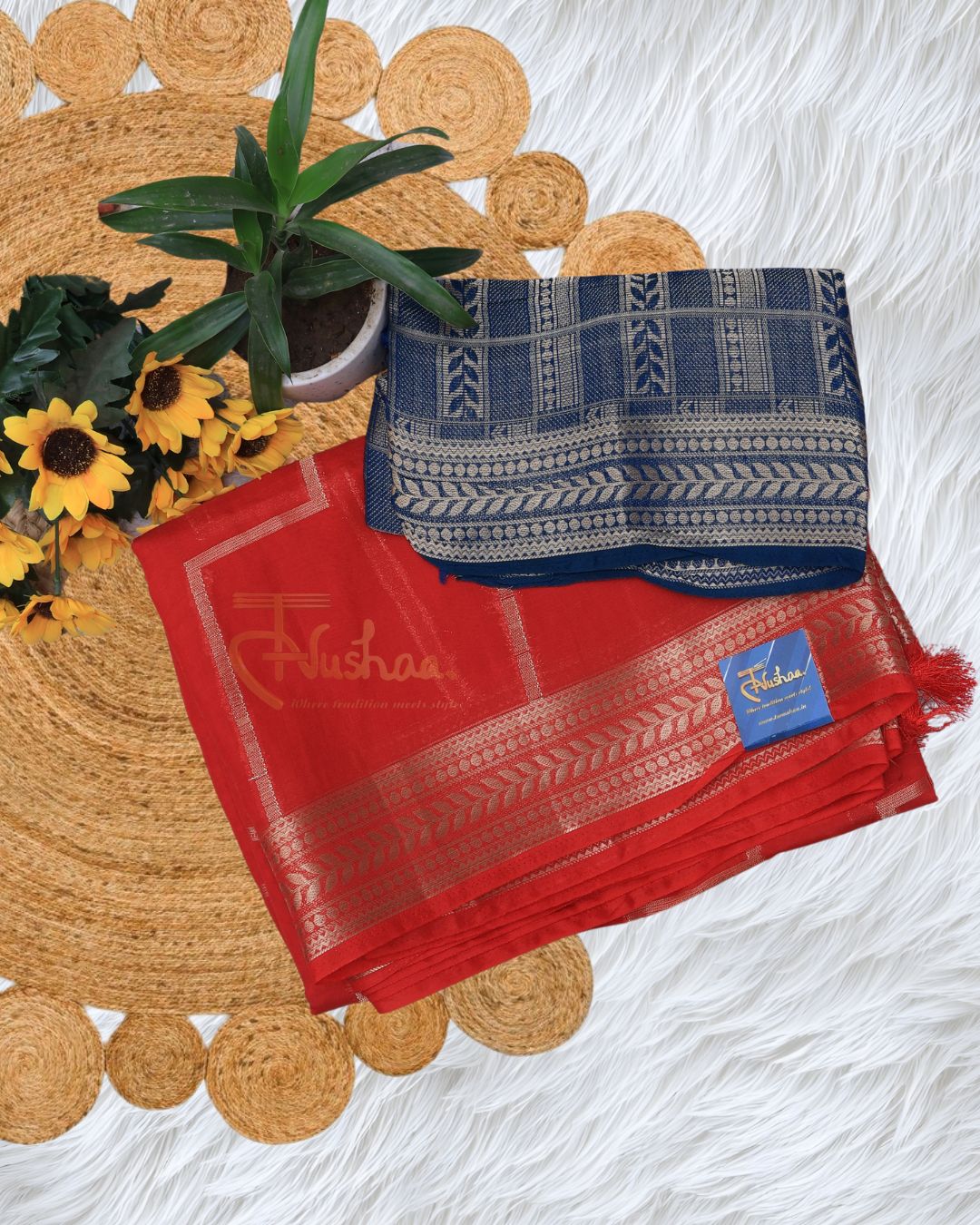 Red Crepe Saree with Blue Blouse - Image 3