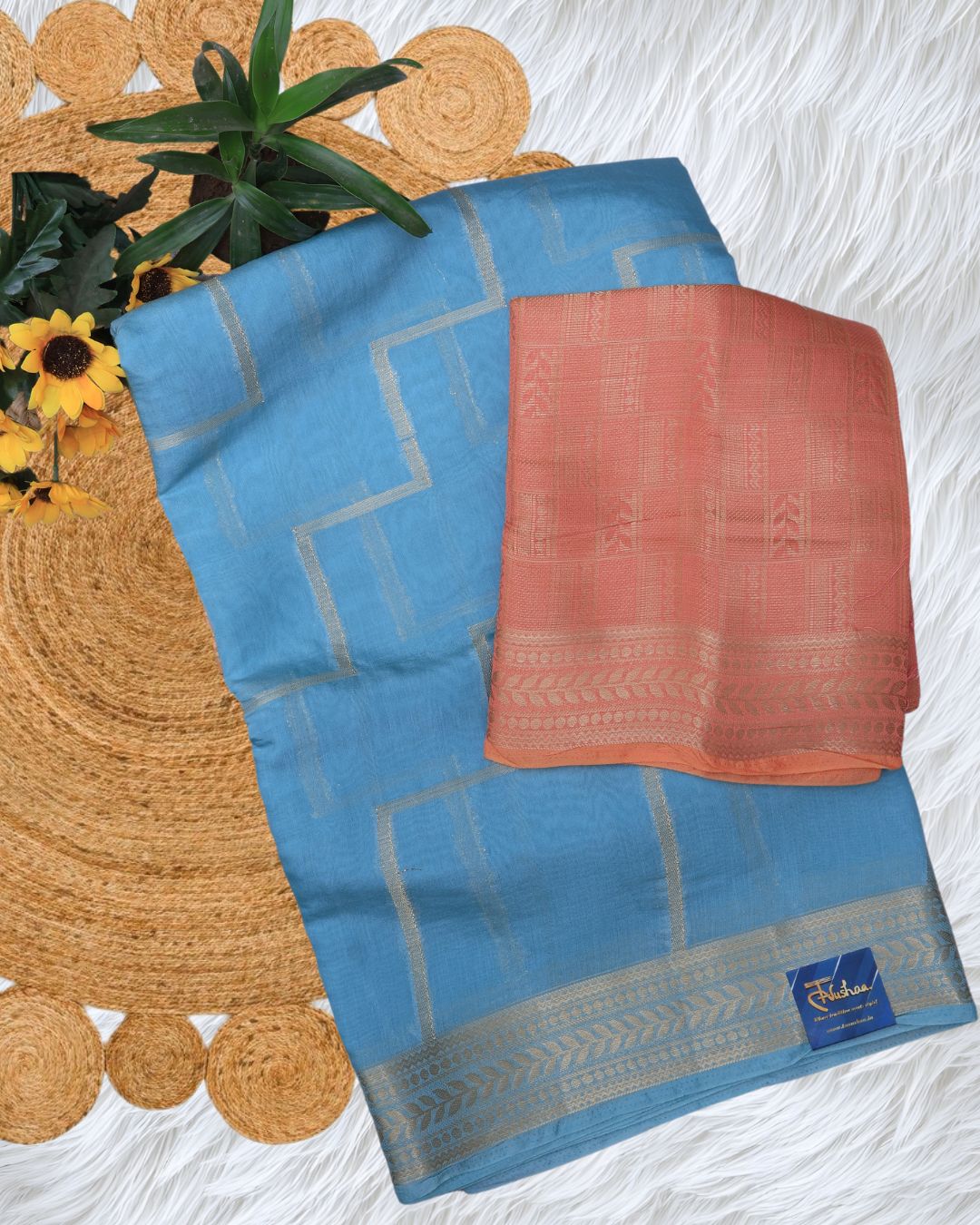 Sea Green Crepe Saree with Peach Designer Blouse - Image 3