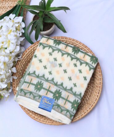 Cotton Saree in Cream & Leaf Green