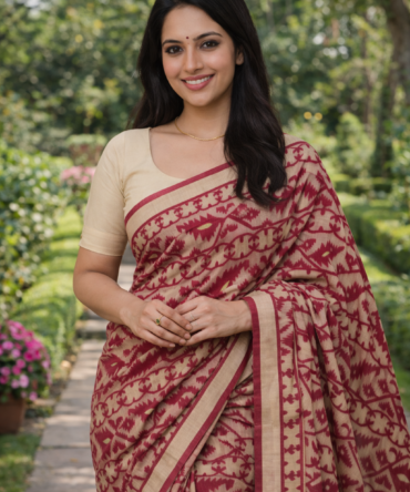 Semi Dhakai Jamdani Cotton Wine & Off-white