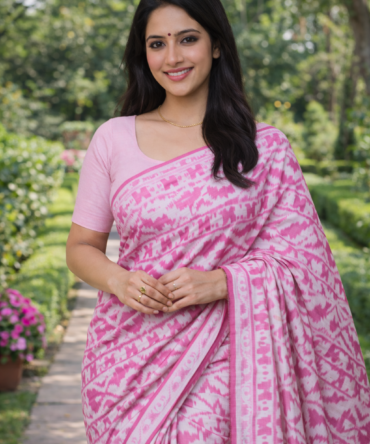 Semi Dhakai Jamdani Cotton Saree in Rose Pink & Snowy White