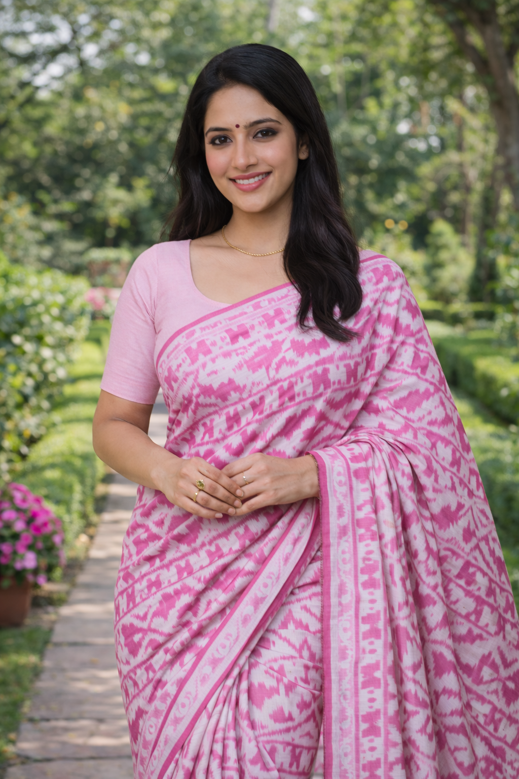 Semi Dhakai Jamdani Cotton Saree in Rose Pink & Snowy White